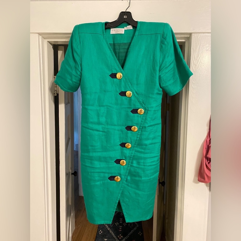 Vintage teal linen dress shoulder pads